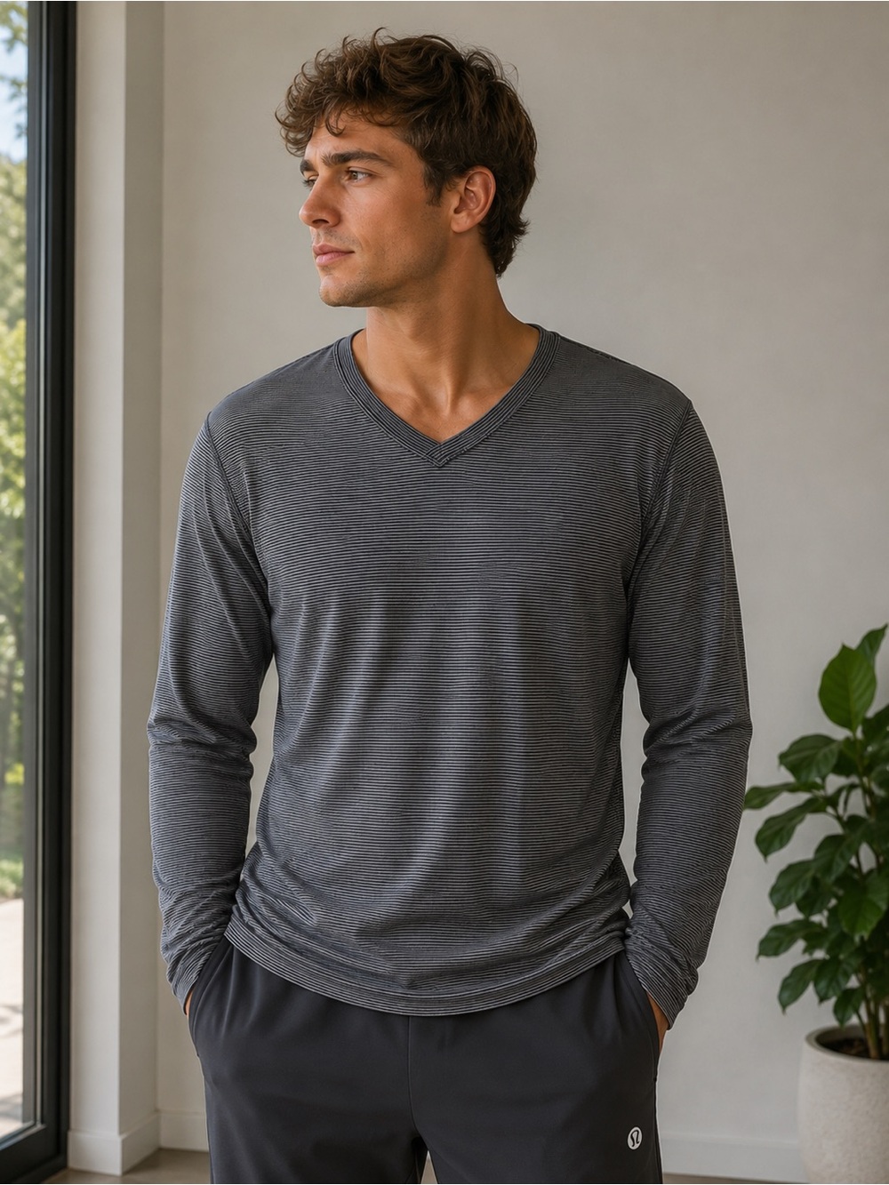 Lululemon Striped V-Neck Long Sleeve Top - Gray Size L Activewear Athleisure